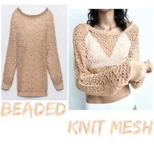 Zara beaded mesh open knit sweater , neutral